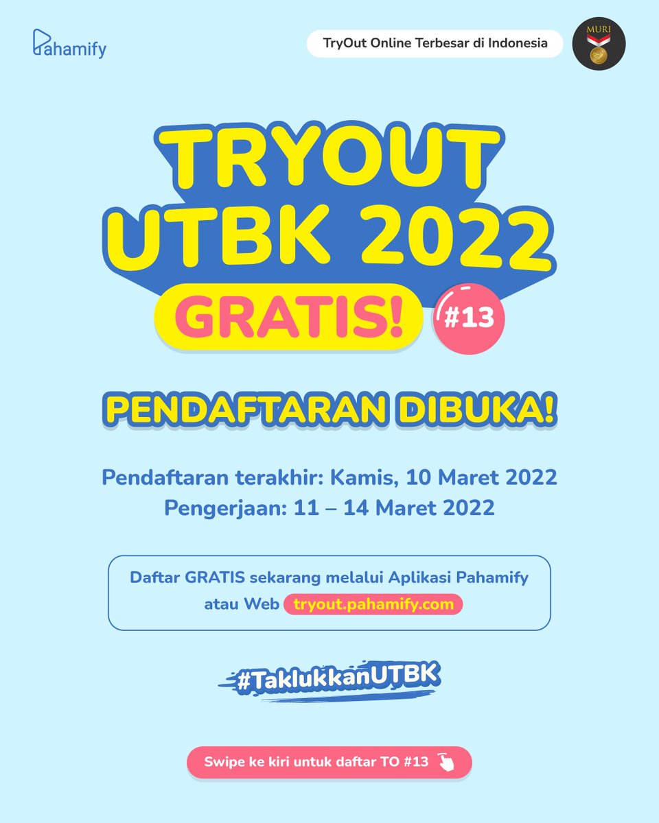 pahamify's tweet image. Kuota TO Gratis habis? TO #13 solusinyaaaa! 🍿

Yesss pendaftaran gratis TO #13 DIBUKA! Kuota TO Gratismu sudah di-refill nih, jadi udah pasti bisa ikutan lagi~ 🫖