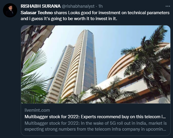 Just a few handles with hundred of thousands of followers I could spot promoting the pump and dump scam that is Salasar Techno

Screenshot them before these tweets are deleted

Be very careful on who you follow here, people are willing to sell their integrity for Rs 25K.