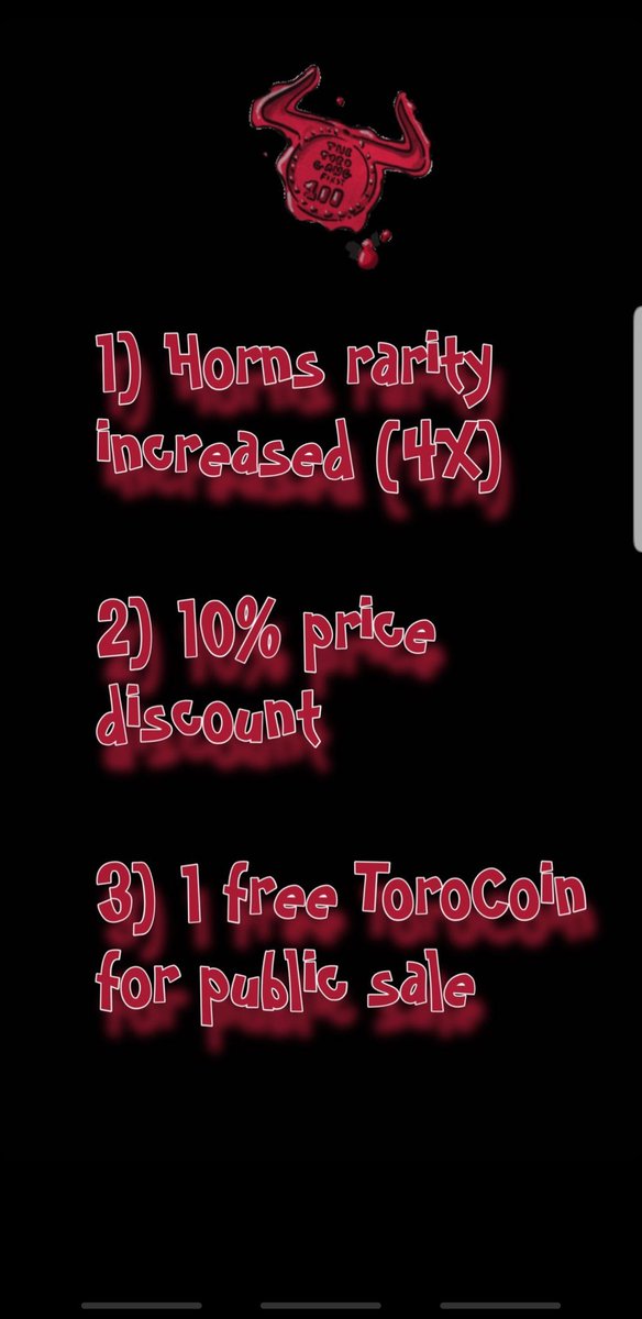 Thetorogang's tweet photo. 📢📢PRE-SALE BENEFIT 📢📢
Only first 100 NFTs will be marked with OG stamp. 🔝🐂
What do u get buyng in Presale?🤔
1) Horns rarity increased (4×) 🤘🏻
2)10% price discount ❗🆒️
3)1 🆓️ toro coin to mint in public sale! 🔝 (buy one get two) 
DON'T MISS THE CHANCE GANG https://t.co/fNQWOXF0wi