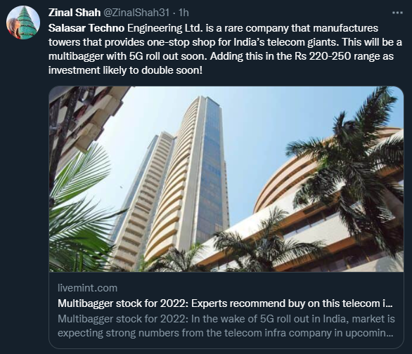 itsTarH's tweet photo. Just a few handles with hundred of thousands of followers I could spot promoting the pump and dump scam that is Salasar Techno

Screenshot them before these tweets are deleted

Be very careful on who you follow here, people are willing to sell their integrity for Rs 25K. https://t.co/C6tkFBjiAR