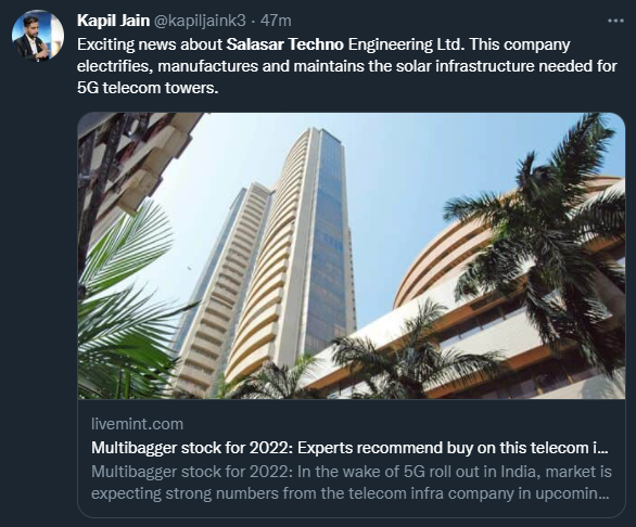 itsTarH's tweet photo. Just a few handles with hundred of thousands of followers I could spot promoting the pump and dump scam that is Salasar Techno

Screenshot them before these tweets are deleted

Be very careful on who you follow here, people are willing to sell their integrity for Rs 25K. https://t.co/C6tkFBjiAR