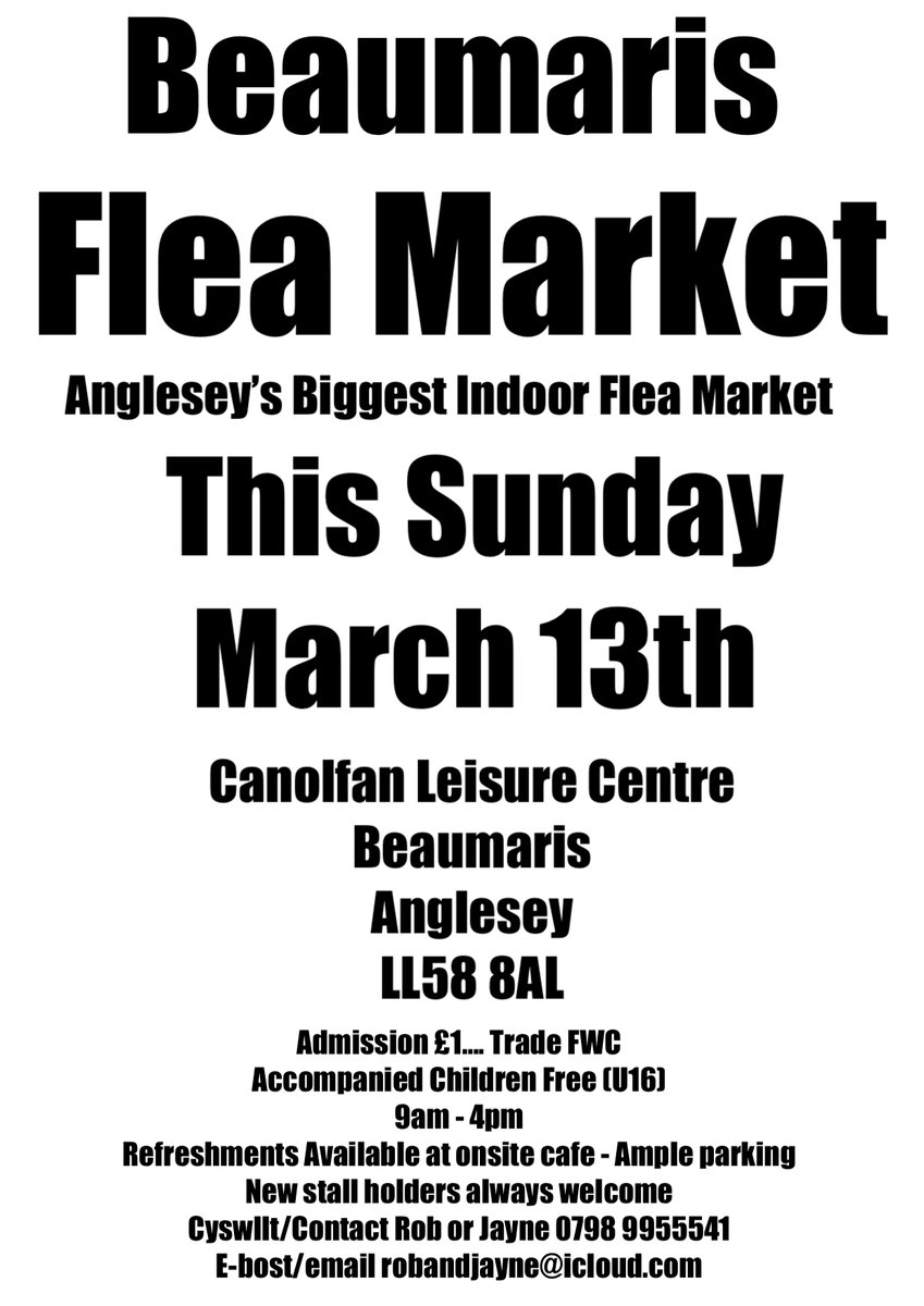 This Sunday is Beaumaris Flea Market Anglesey’s Biggest Indoor Flea Market 
<a href="/canolfanbmaris/">canolfanbeaumaris</a> <a href="/beaumaris/">Denis O'Keefe</a> #Beaumaris #anglesey 
<a href="/AngleseyMonNews/">Anglesey Môn News</a> @whatsonnwales1 #ynysmon