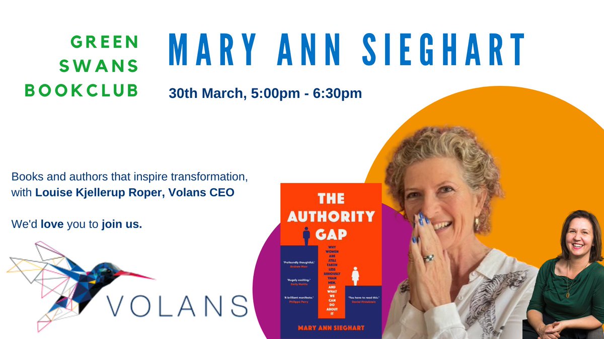 We cannot proclaim to be a community of change-makers if we continue to perpetuate a damaging patriarchal narrative♀️

Join us at this months #GreenSwansBookClub  as we discuss The Authority Gap with <a href="/MASieghart/">Mary Ann Sieghart</a>. Register here:  us02web.zoom.us/meeting/regist… 
#WomensHistoryMonth