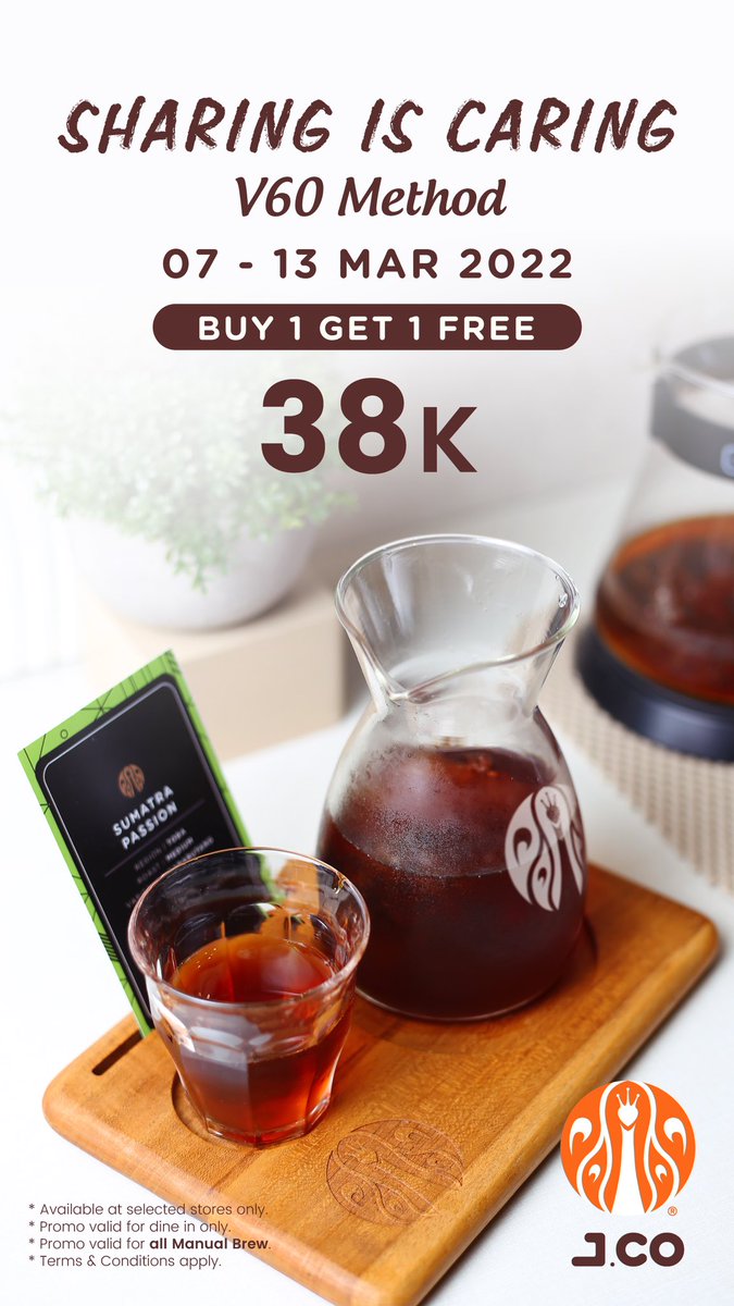 JcoIndonesia's tweet photo. Dapatkan promo buy one get one free untuk setiap pembelian kopi dengan metode V60 hanya dengan 38 ribu.
Promo berlaku hingga 13 Maret 2022 ya guys. Jangan sampai kehabisan!
#JCOINDONESIA #JCOFFEE #JCO https://t.co/JUw1uRcQ9O