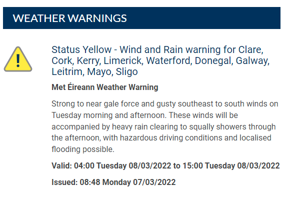 MetEireann's tweet photo. ⚠️Status Yellow - Wind &amp; Rain warning issued for Clare, Cork, Kerry, Limerick, Waterford, Donegal, Galway, Leitrim, Mayo, Sligo

Valid: 04:00 Tuesday 08/03/2022 to 15:00 Tuesday 08/03/2022

More detail➡️https://t.co/l8JdKfwZt9 https://t.co/jtHso8yxQW