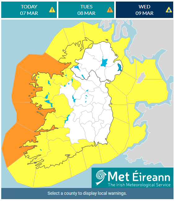 MetEireann's tweet photo. ⚠️Status Yellow - Wind &amp; Rain warning issued for Clare, Cork, Kerry, Limerick, Waterford, Donegal, Galway, Leitrim, Mayo, Sligo

Valid: 04:00 Tuesday 08/03/2022 to 15:00 Tuesday 08/03/2022

More detail➡️https://t.co/l8JdKfwZt9 https://t.co/jtHso8yxQW