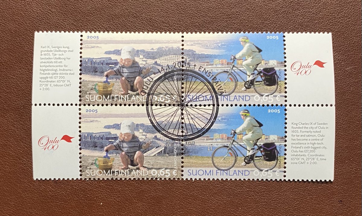 Finland (2005) 400th Anniv of Oulu City. Block of four 0.65 cent stamps with First Day cycle wheel cancellation.  Oulu is a high-tech hub and the city's 127,000 inhabitants have embraced cycling. Available in our shop.  #philately <a href="/CyclingStamps/">Stamps and cycling</a> #cycling #stamps