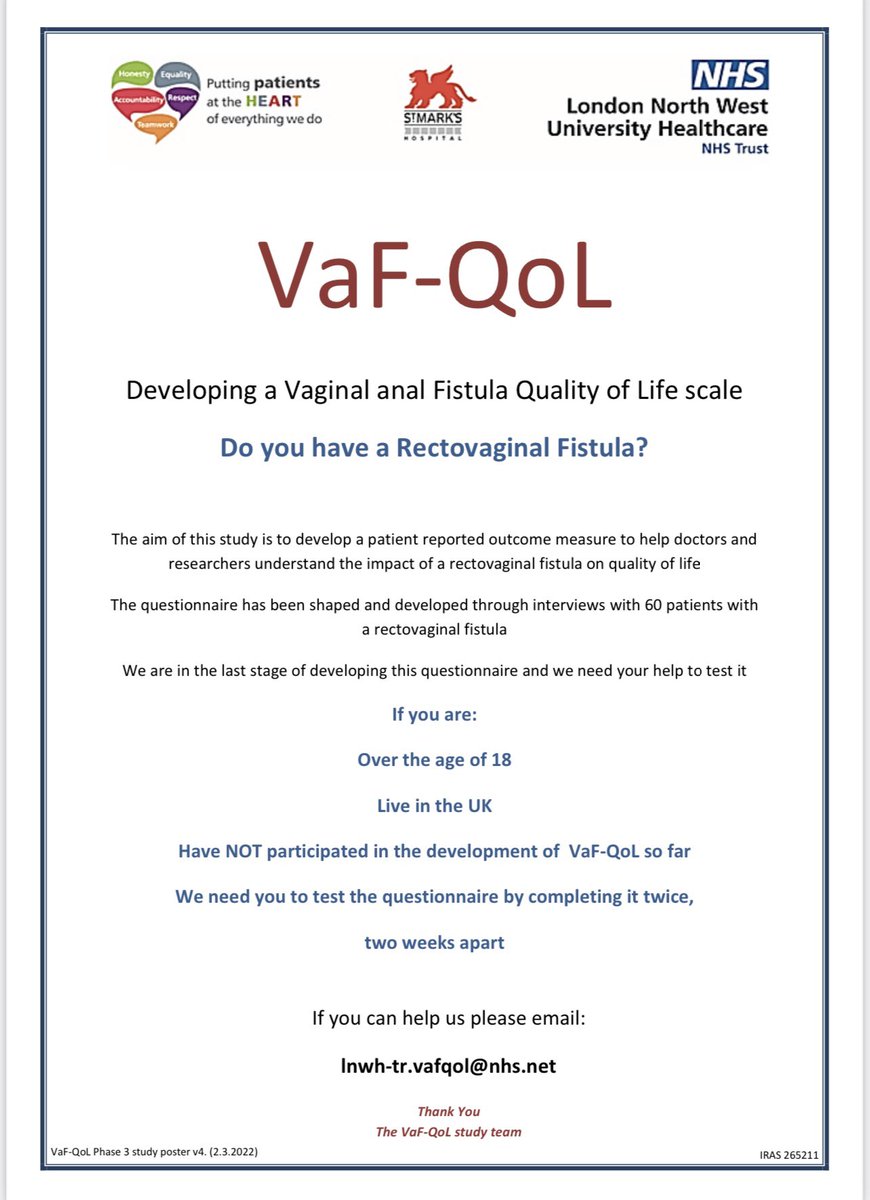 Calling rectovaginal fistula patients! Help us validate this Vaginal anal Fistula Quality of life (VaF-QoL) questionnaire. This has been shaped & developed by & for patients. Help us change the face of rectovaginal fistula research & treatment @nusiqbal @LillianReza @philtozer1