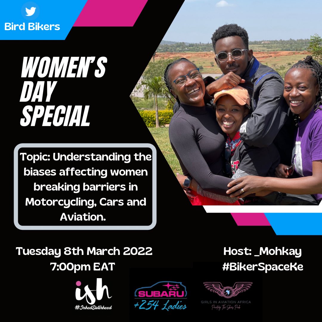 _Mohkay's tweet photo. I told you we have a Special space this Tuesday at 7pm🔥
We will be Joined by
@InkedSisterhood
@Subaru254Ladies
Girls in Aviation Kenya
Set your reminders cause if you miss this!
#InkedSisterhood #BikerspaceKe #Subaru254Ladies #GiAKe #SpaceYaMagari
https://t.co/hHdASUF4eN https://t.co/5wtHRPYQtn