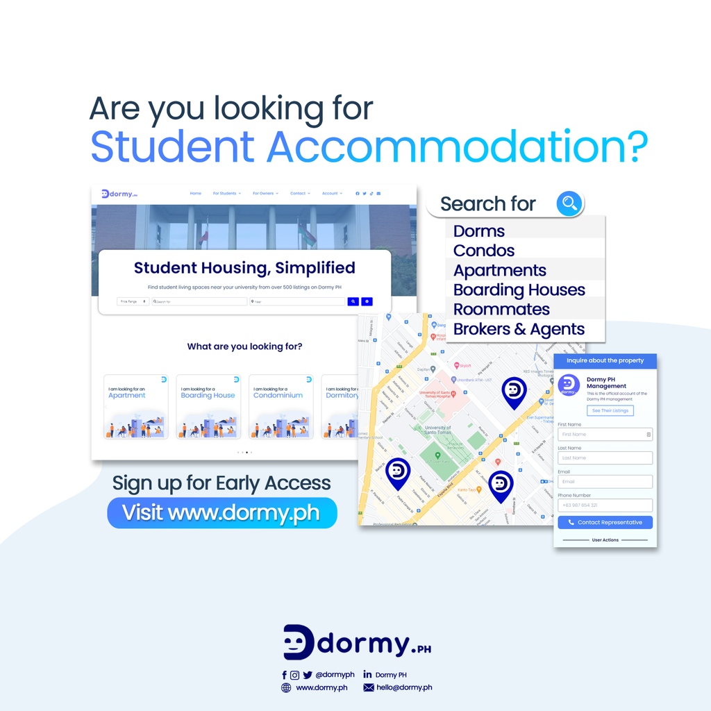 dormyph's tweet photo. Uy, may dorm ka na ba? Malapit ang f2f classes! 

We know how frustrating it is to find student accommodations. That’s why we created Dormy, a website that provides listings of dorms, condos, apartments, and houses all over the Philippines containing things that matter the most. https://t.co/NCoDlz4ndd