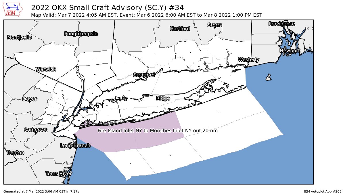 OKX continues Small Craft Advisory for Fire Island Inlet NY to Moriches Inlet NY out 20 nm, Sandy Hook NJ to Fire Island Inlet NY out 20 nm [AN] till Mar 8, 1:00 PM EST https://t.co/XPkcMaGflZ https://t.co/sou3jpa3gO