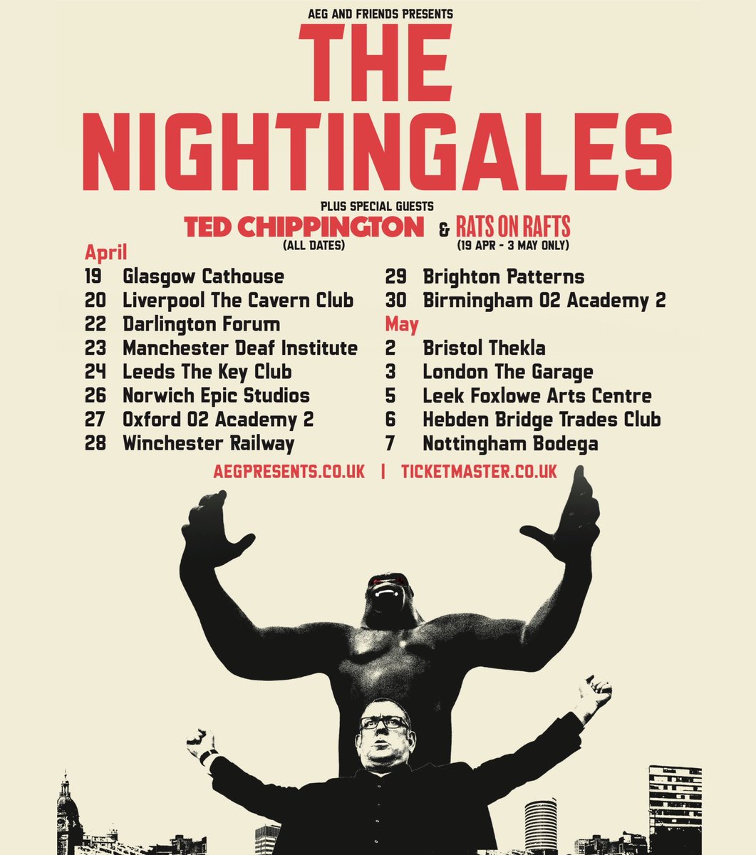 _Nightingales's tweet image. TOUR SUPPORTS ANNOUNCED

Top comedian TED CHIPPINGTON will be at ALL UK dates. Not played these towns for years so you’d be out of yer mind to miss him

Also joining us are Rotterdam’s @RatsOnRafts ! Chuffed to have ‘em on board

You know what to do : 🎟 thenightingales.org.uk/live