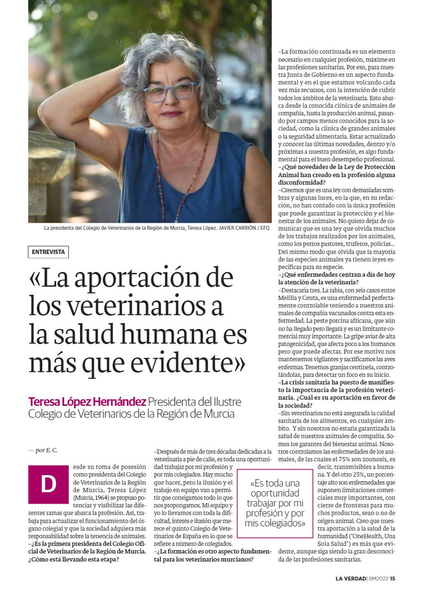 colvetmur's tweet photo. 📝"La aportación de los #veterinarios a la salud humana es más que evidente". Teresa López, presidenta del Colegio de Veterinarios de la Región de Murcia, nos habla en la siguiente entrevista de la labor que desempeña la institución para darle voz al profesional #veterinario. 👇 https://t.co/r1Pbz2Xieh