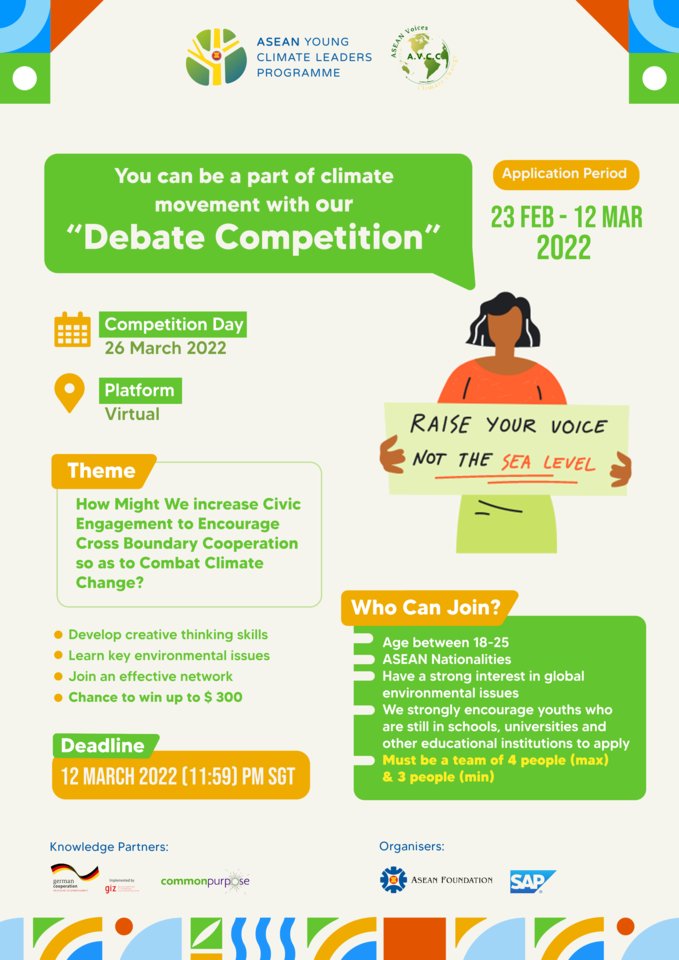 aseanfoundation's tweet photo. #ASEANYCLP has gathered 13 teams in total and we proudly present team CL1 with their project: ASEAN Voice Climate Change (AVCC) Debate Competition! 

Join their inaugural Climate Change Debate Competition ➡️ https://t.co/WFOo6QXijs

#WeAreASEAN #SAP4GOOD https://t.co/DWfeLLiZNJ