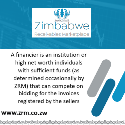 ZRM_ZW's tweet photo. A financier is an institution or high net worth individuals with sufficient funds (as determined occasionally by ZRM) that can compete on bidding for the invoices registered by the sellers. For more information visit https://t.co/oZOkXol3Ne https://t.co/p61LHd5Ah5