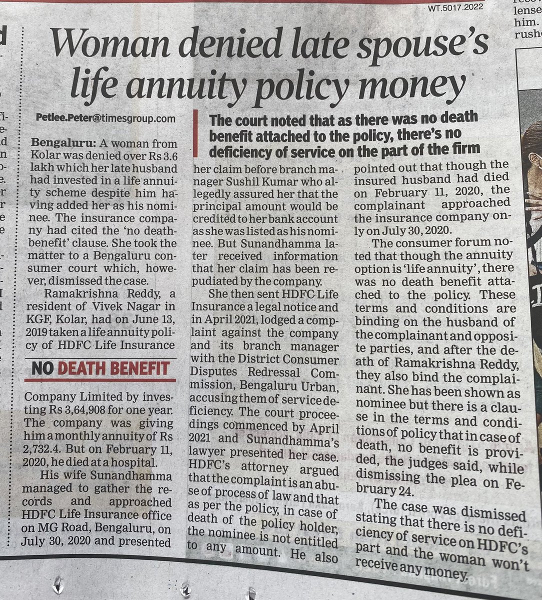 nivedithalva's tweet photo. Why it’s important to read policy documents and understand what you are signing up for. 
This is how they prey on many, particularly the poor and uneducated. 
Yes, listed as nominee  - but NOT entitled to money. 
Then why have a nominee @HDFCLIFE? 
From todays @timesofindia. https://t.co/pwrn6oIFFq