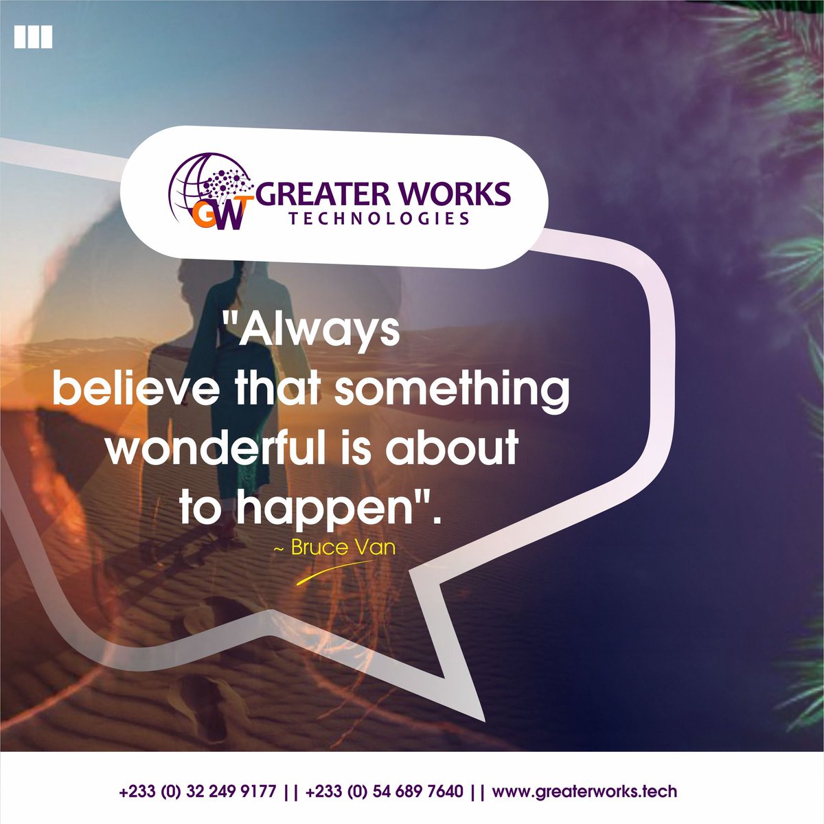 GreaterWorkTech's tweet image. Miracles happen when you believe. Be positive that something good will happen this week and it will.

#greaterworks #techgh #newtrends #technologies #explore #business #motivationday #newweek #happymonday
#happyholiday
