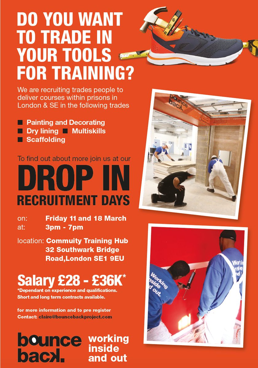Job satisfaction? "Last week I bumped into 2 lads I trained in <a href="/HMP_Brixton/">HMP Brixton</a> in 2014 in Painting &amp; Decorating. Seeing them 8yrs on coming home from work with their tools sums it up for me." The words of a Bounce Back Trainer. #construction #recruitment day on Friday, join our team