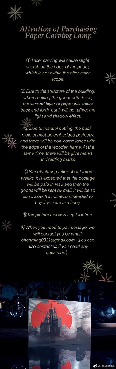 ChangCooo's tweet photo. ~Paper Carving Lamp of Ishgard~

①Please read the attention of P3!

②Shop links for customers outside Chinese mainland: 🍅🌰 https://t.co/mPQABU51F6

③ The price does not include postage, When you need to pay postage, we will contact you by email: chenming0331@gmail.com

#FF14 https://t.co/KFTnfT5BAE