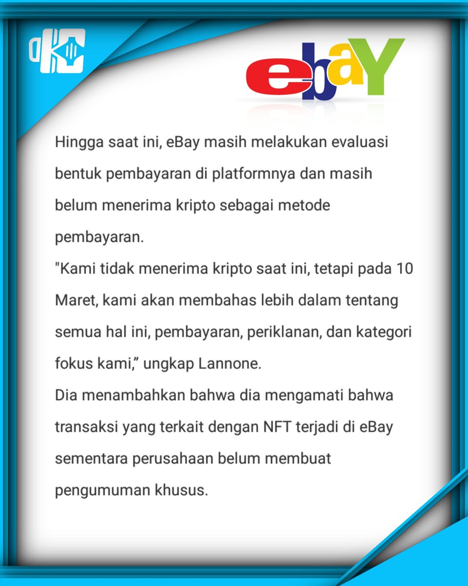 kedaicrypto's tweet photo. eBay Bakal Terima Pembayaran dalam bentuk Crypto, eBay bertujuan untuk menjadi pasar bagi Gen-Z dan milenial, mereka saat ini sedang mempelajari kemungkinan menambahkan cryptocurrency sebagai alat pembayaran.

#kedaicrypto
#cryptocurrency 
#CryptocurrencyNews 
#Airdrop https://t.co/rKPz8nZ7Pb