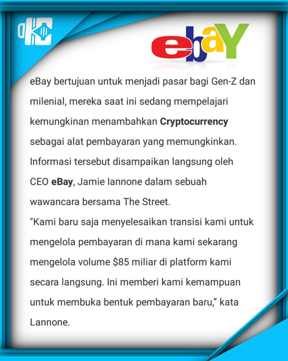 kedaicrypto's tweet photo. eBay Bakal Terima Pembayaran dalam bentuk Crypto, eBay bertujuan untuk menjadi pasar bagi Gen-Z dan milenial, mereka saat ini sedang mempelajari kemungkinan menambahkan cryptocurrency sebagai alat pembayaran.

#kedaicrypto
#cryptocurrency 
#CryptocurrencyNews 
#Airdrop https://t.co/rKPz8nZ7Pb