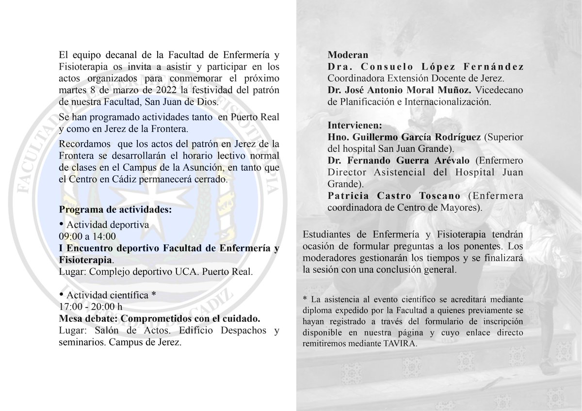 Desde <a href="/enfermeria_alg/">Facultad de Enfermería</a>,mañana 8 de marzo, se conmemorará la festividad del patrón de la Facultad, San Juan de Dios. Dichos actos, tendrán lugar en el Campus de Jerez y en el Complejo Deportivo de la <a href="/univcadiz/">Universidad de Cádiz</a> -Puerto Real.⁣ cutt.ly/XAmIOB5
⁣
⁣#enfermería #fisioterapia
