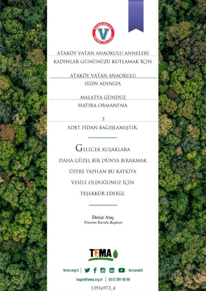 AtakoyVatan's tweet photo. Ataköy Vatan Anaokulu Annelerimizin “8 Mart Dünya Emekçi Kadınlar Gününü” kutluyoruz. 
Gelecek kuşaklara daha güzel, daha yeşil bir dünya bırakmak için sizler adına ormanlarımıza yeni bir nefes olduk.

@temavakfi @VatanEgitim #fidanbağışı #ağaçlandırma #yeşildünya https://t.co/AyTm29WS6p