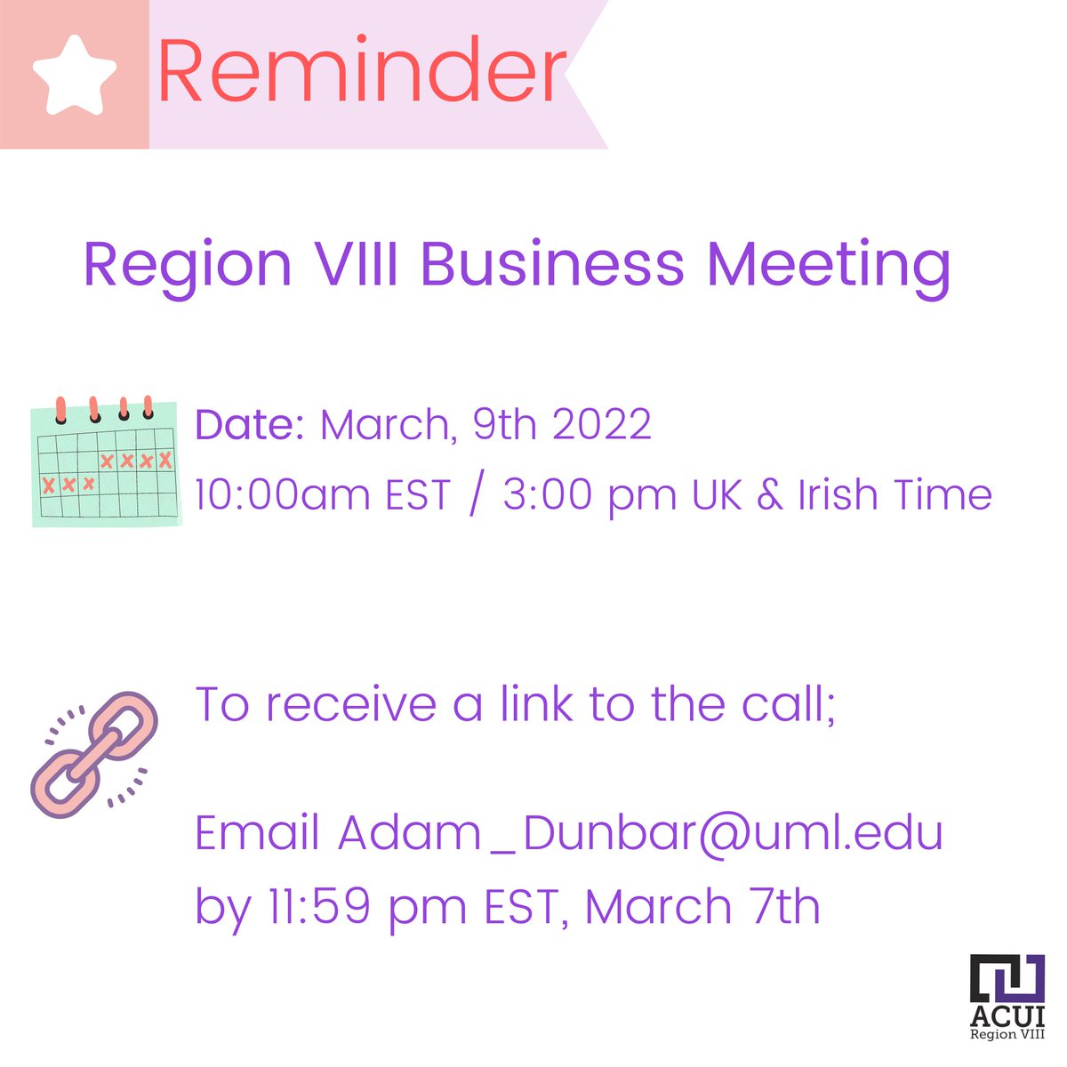 Reminder that RVIII's Business Meeting is Wednesday, 9th March. 

To receive the link for the call, email Adam_Dunbar@uml.edu by 11:59pm (EST) on March 7th.