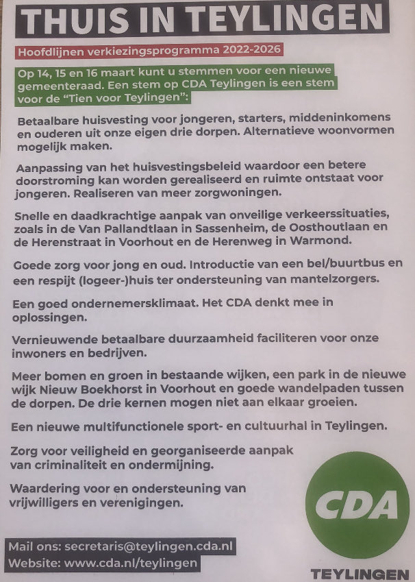 Dit zijn onze Tien voor Teylingen: de hoofdpunten uit ons verkiezingsprogramma. <a href="/CDATeylingen/">CDA Teylingen</a> gaat zijn stinkende best doen om deze ambities daadwerkelijk waar te maken! 3/3