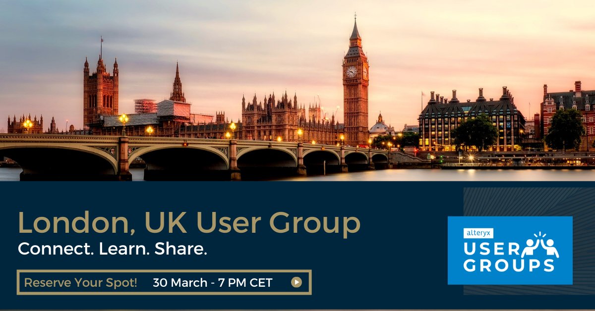 LukeMinors's tweet photo. The London, UK #AlteryxUserGroup will meet on the 30th of March. This is such a great opportunity for Alteryx Community users to connect, share best practices and improve skill sets! Book your spot now: https://t.co/sVsGQC4Bky https://t.co/IkJ0pZmxQd