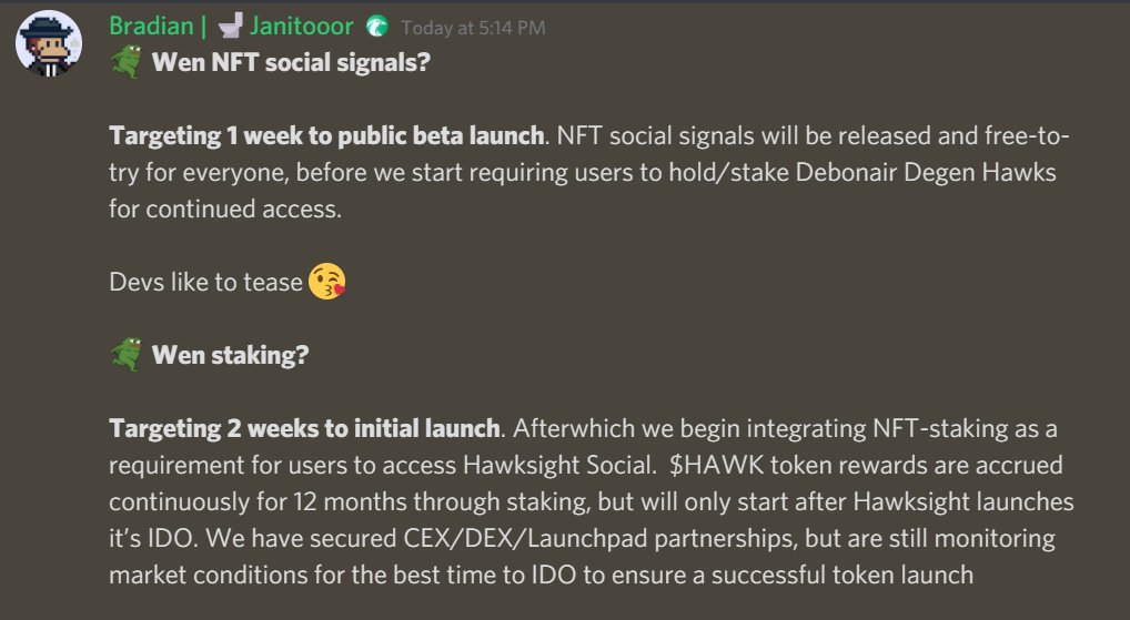 HawkFi_'s tweet photo. Wen NFT social signals? Wen staking?

Good things take time sers. But devs do something, and devs tease😘 https://t.co/WG4554jtpJ