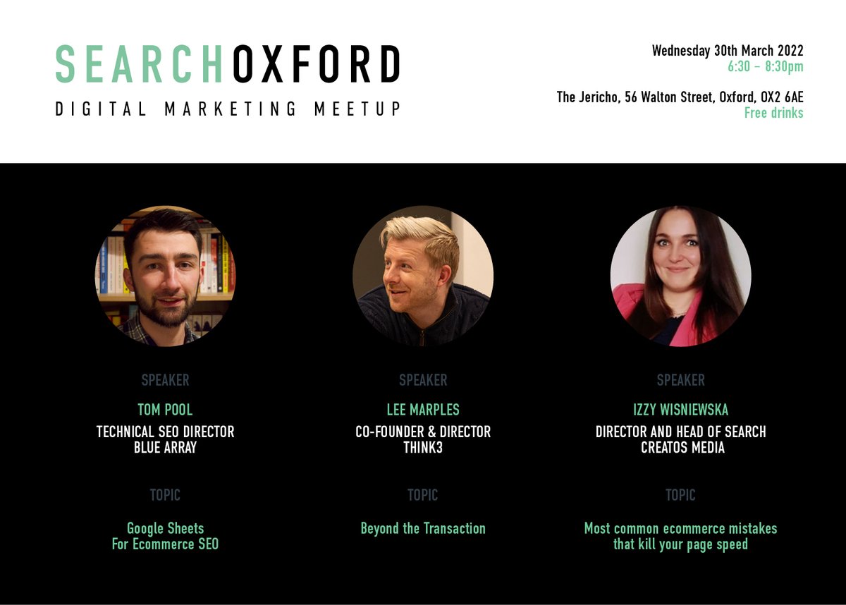 📣 Speaker announcement 📣

It's official! The very first Search Oxford event is happening on Wednesday 30th March and you can book your FREE tickets now! 

The theme of this first event is: Ecommerce SEO and we have 3 brilliant speakers to kick off the first event! 🎉