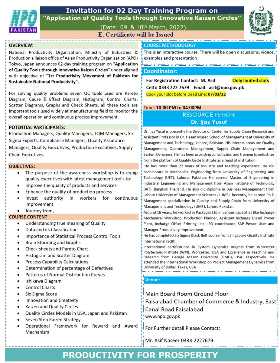 FCCIOfficial's tweet photo. National Productivity Organization is organizing 2-Days Training Programme on Application of #Quality Tools through Innovative Kaizan Circles, on 9th & 10th March 2022 at Faisalabad Chamber of Commerce and Industry
#NPO #Training_&_Develipment
#Productivity #ValueAddiction https://t.co/nT2Eq45zdY