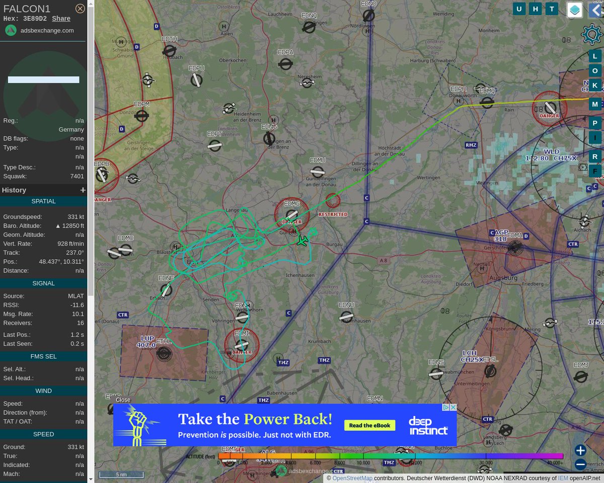 Radar_Assistant's tweet image. MULTI ADSBX MANOEUVRING ALERT : At time Mon Mar  7 09:09:40 2022 #FALCON1  was likely to be manoeuvring at FL144 16nm from LUP Laupheim_NDB_DE
 near Unterfahlheim, Nersingen, Landkreis Neu-Ulm, Bayer #AvGeek #ADSB globe.adsbexchange.com/?icao=3E89D2&amp;amp;z…
