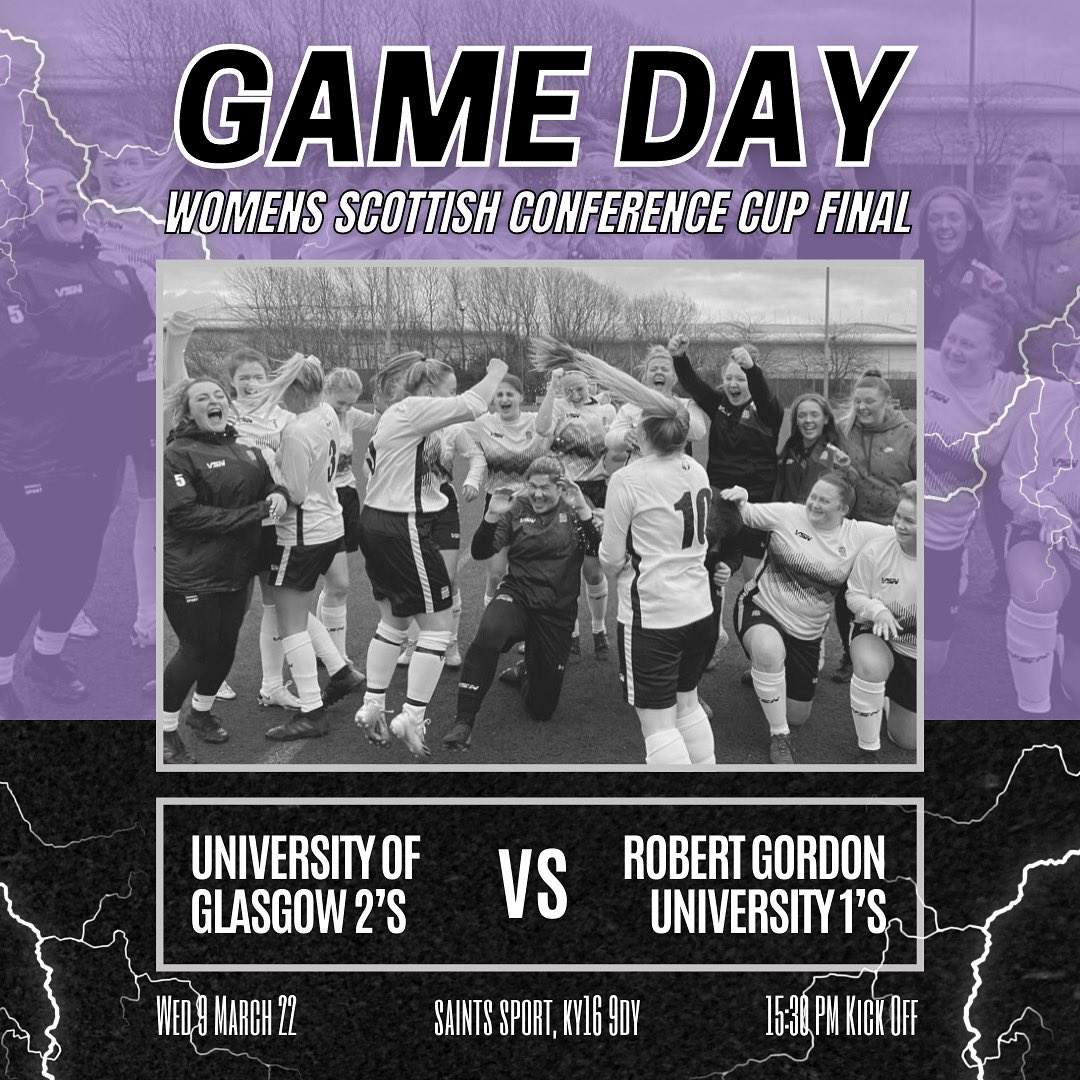 RGUWfootball's tweet photo. It’s the one we’ve all been waiting for…

This Wednesday, RGU take on Glasgow 2’s in the Women’s Scottish Conference Cup Final.🏆

Come along &amp; watch us play the biggest game yet.😈

#bleedpurple #coyp #hwfg 
🟣⚪️🟣 https://t.co/UqoWCy4sTZ