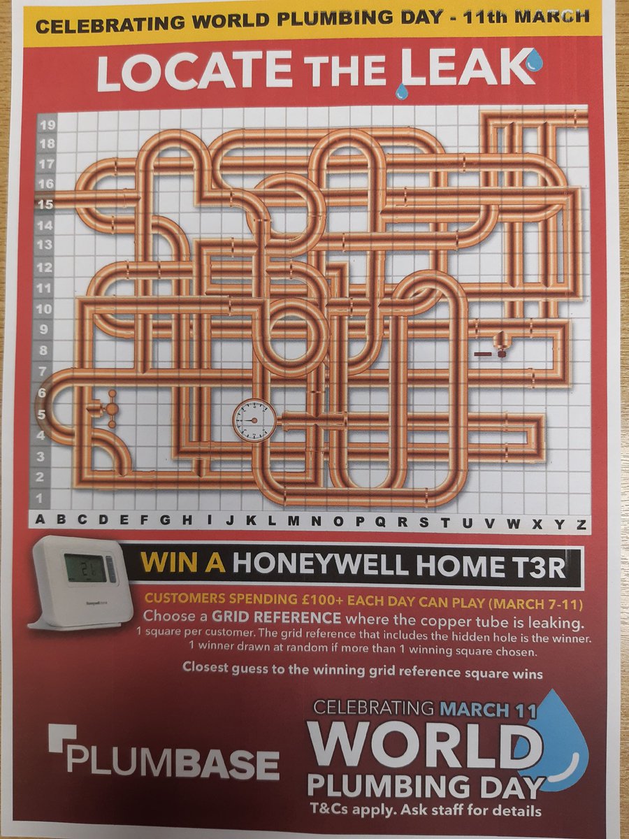 plumbase_brain's tweet photo. This week 7th -11th March we are celebrating World plumbing Day. Locate the leak. Spend £100 on collected orders and pick a square for a chance to win a Honeywell T3 thermostat. https://t.co/ns3d8DSJ6L