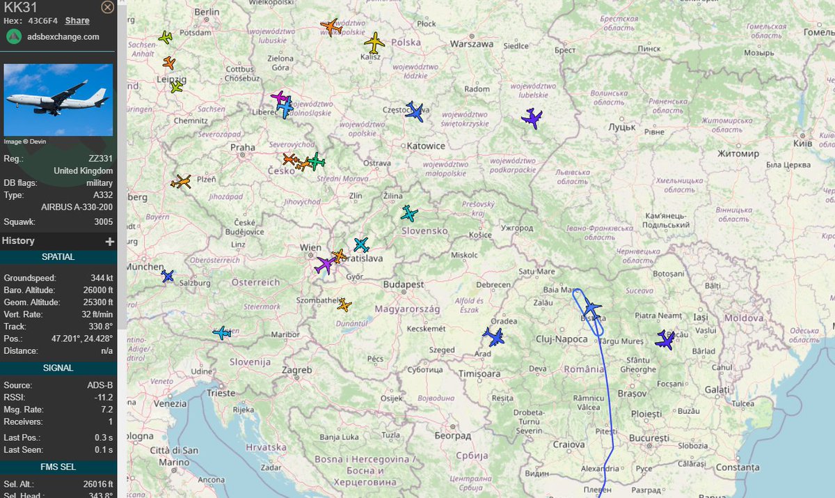mil_scan's tweet photo. #tanker over #Romania 

1x 🇬🇧 AIRBUS A-330-200 callsign: KK31

#NATO #RAF #UkraineRussiaWar https://t.co/1jmGYB2TFT