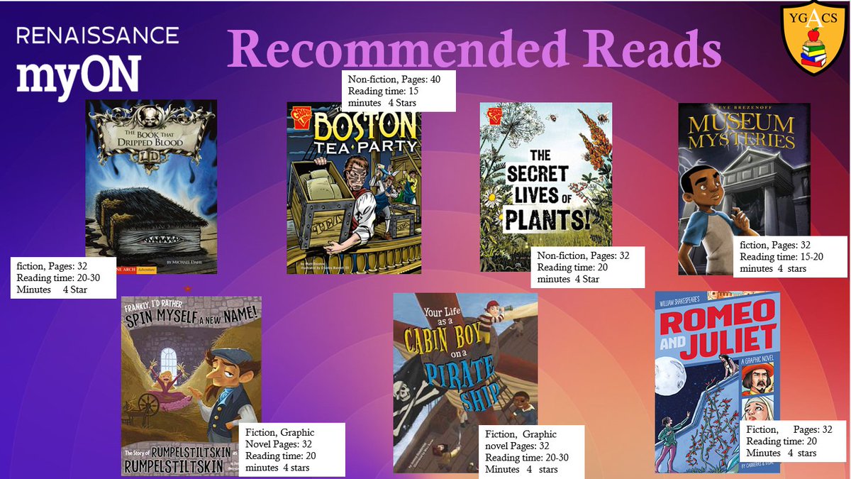ACSEnglishDept's tweet image. Happy Monday! 
Here are our recommended Myon reads for you this week. Remember, you can log into Myon from home too. Make sure to complete the AR quiz when you finish reading your books. Enjoy! 📚