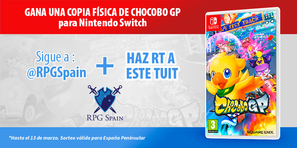 🎁 ¡SORTEO de Chocobo GP para Nintendo Switch!🎁

Consigue una copia física de este divertido juego con personajes de Final Fantasy como nunca los habías visto 😍😍😍

🔄RT
☑️ Sigue a <a href="/RpgSpain/">RPG Spain</a> 

¡Así de fácil! ¡Mucha suerte a todos! 🍀