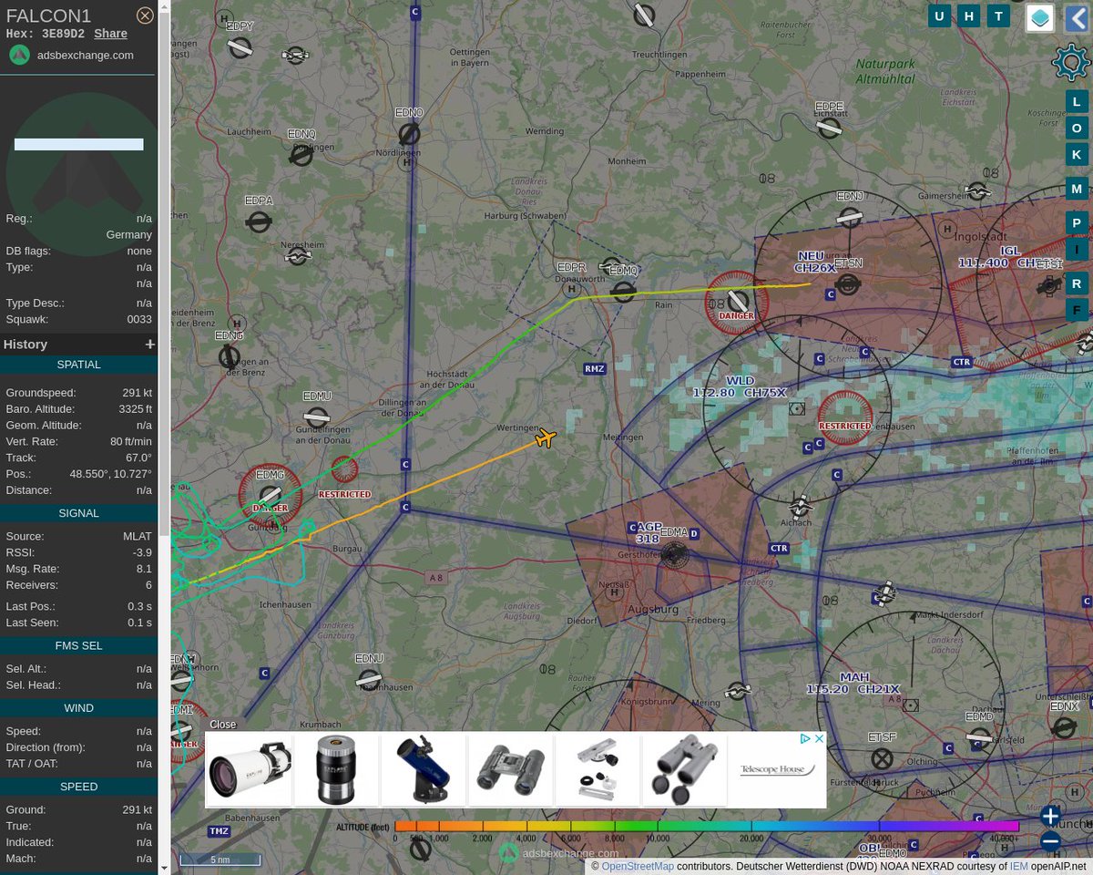 Radar_Assistant's tweet image. MULTI ADSBX MANOEUVRING ALERT : At time Mon Mar  7 09:20:29 2022 #FALCON1  was likely to be manoeuvring at FL183 17nm from LUP Laupheim_NDB_DE
 near Apostelwaldhütte, GZ 5, Kötz, Kötz (VGem), Landkre #AvGeek #ADSB globe.adsbexchange.com/?icao=3E89D2&amp;amp;z…