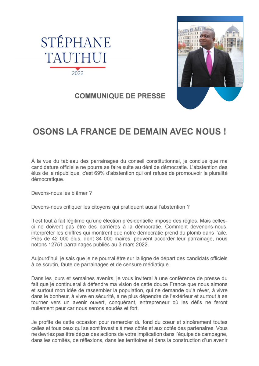 Stauthui's tweet photo. OSONS LA FRANCE DE DEMAIN AVEC NOUS !
Je vous souhaite de tout cœur une agréable semaine et j'invite vous invite à lire mon communiqué de presse. 
Si tu veux nous rejoindre et nous aider, merci de contacter @joelmando Mando direction@tauthui2022.fr 
@leparisien_92
#tauthui2022 https://t.co/vIRumk5u5E
