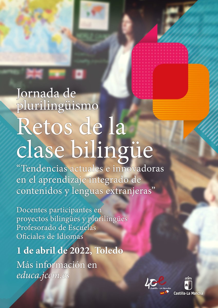 educajccm's tweet photo. 📢Jornada de Plurilingüismo: “Retos de la clase bilingüe: tendencias actuales e innovadoras en el aprendizaje de contenidos y lenguas extranjeras”

✍️Inscripción: del 6 al 16 de marzo de 2022.

➡️ Información en: https://t.co/jOVcj1fap6 https://t.co/qQPt901bfy
