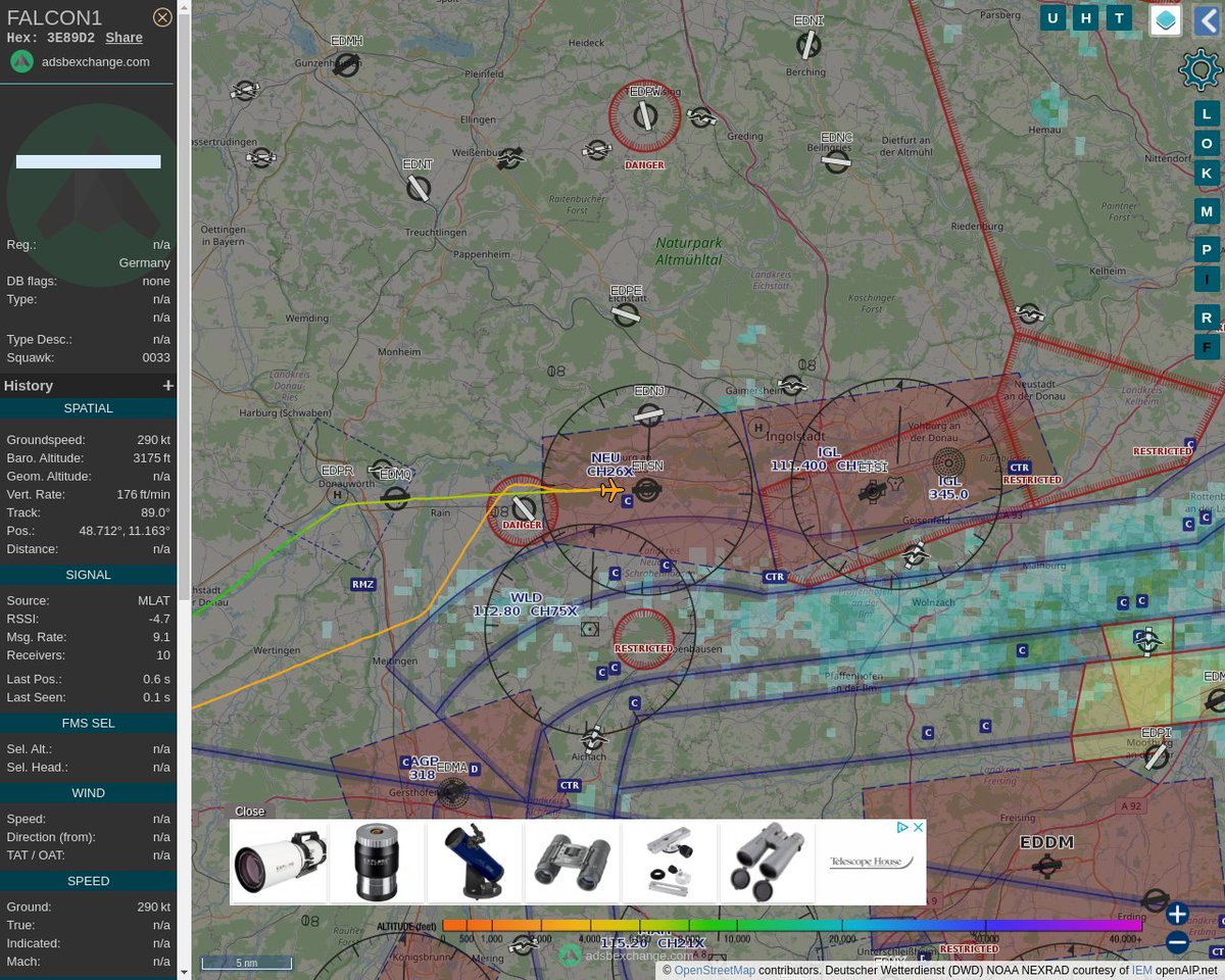Radar_Assistant's tweet image. MULTI ADSBX VERTICAL MANOEUVRING ALERT : At time Mon Mar  7 09:25:30 2022 #FALCON1  was  manoeuvering vertically (altchange=9225ft, altdeltas=29425ft), 12nm from LUP Laupheim_NDB_DE
 near 6, Hohlgasse, Neuhausen, Holzheim, Pfaffenhofen a. #AvGeek #ADSB globe.adsbexchange.com/?icao=3E89D2&amp;amp;z…