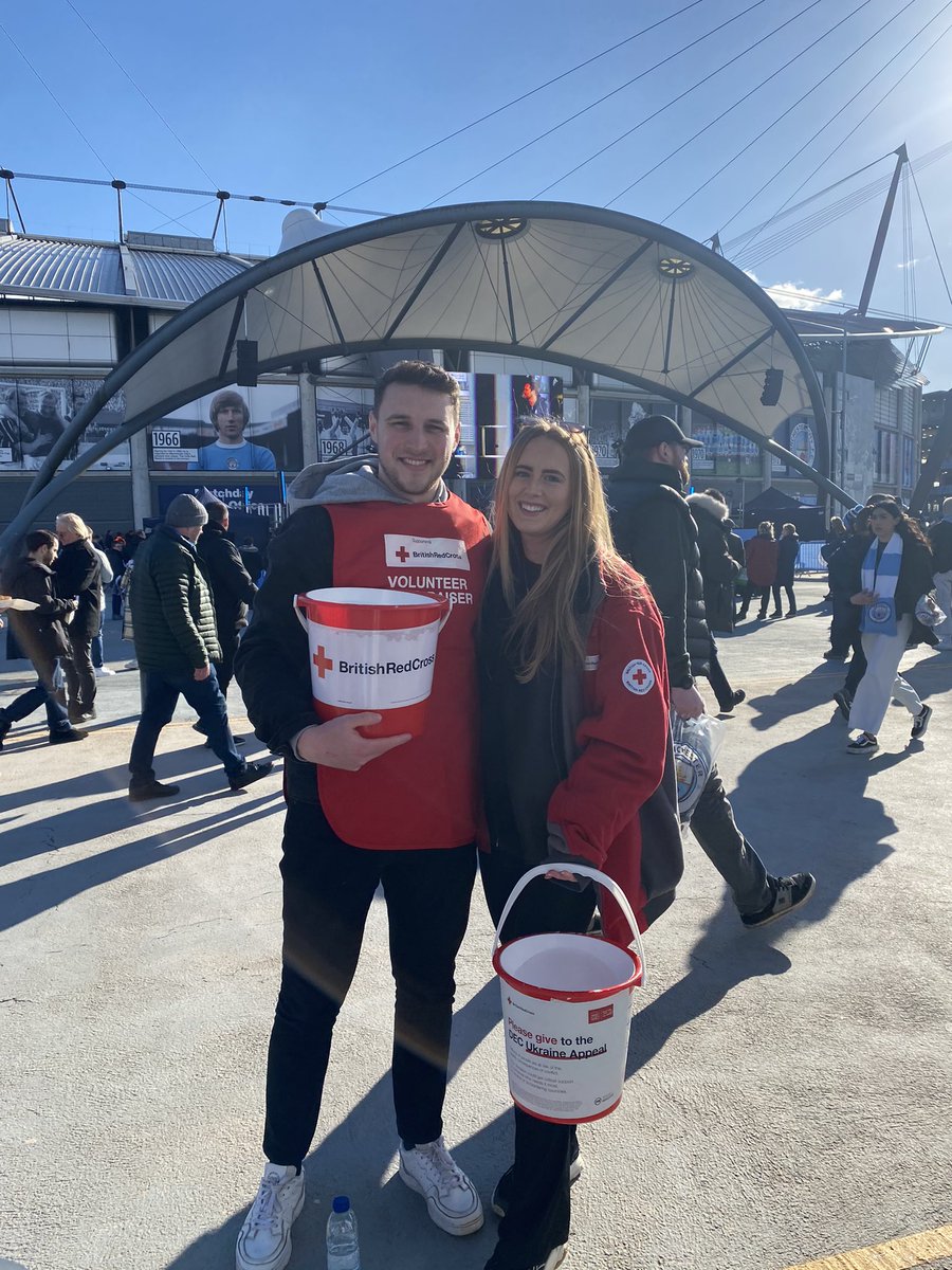 charismpb's tweet photo. Thank you to @ManCity for having us to collect at the Manchester Derby game yesterday in aid of the #UkraineCrisis. ❤️💙💛

@BritishRedCross 

@decappeal #ManchesterDerby2022 #ThePowerofKindness #RedCross https://t.co/WO6cLolUJO