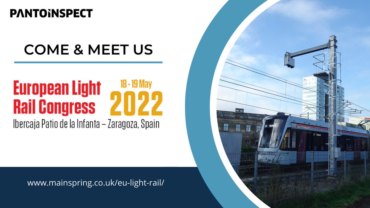 pantoinspect's tweet photo. PantoInspect will be presenting and exhibiting at the European Light Rail Congress #EULR22 in #Zaragoza on the 18th &amp; 19th of May 2022. Showcasing our most recent #lightrail installation for #Aarhus #Letbane and how our system enables #safer and more #efficient #train #operation https://t.co/RkehC5L6sv