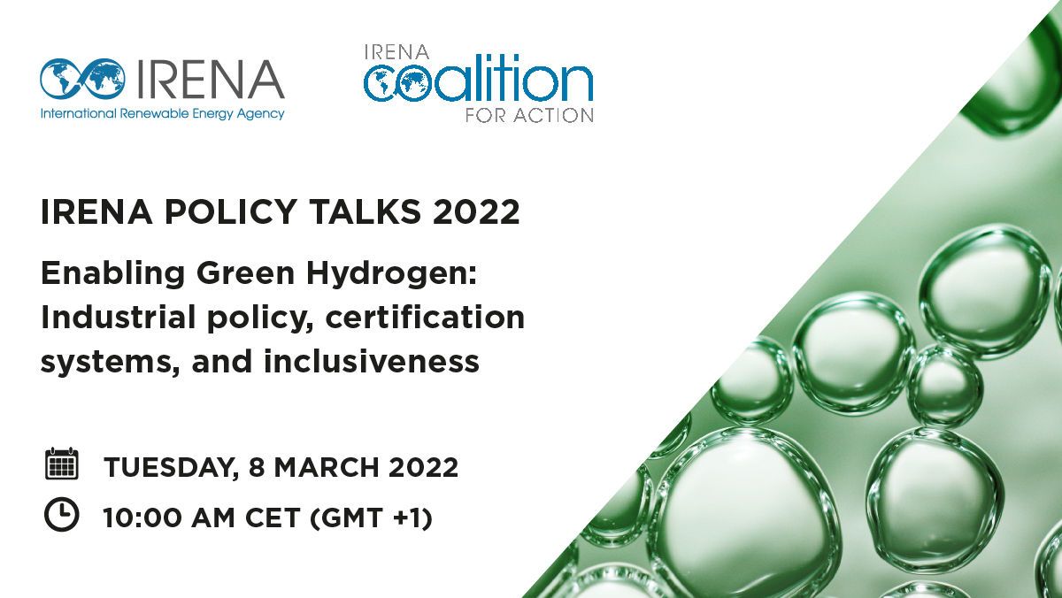 📆More can be done to scale up #greenhydrogen &amp; make the #energytransition more inclusive.

📝Join <a href="/IRENA/">IRENA</a> Policy Talks to learn about the needed policies for green hydrogen uptake in industry &amp; actions for certification system: bit.ly/3KmM8KJ