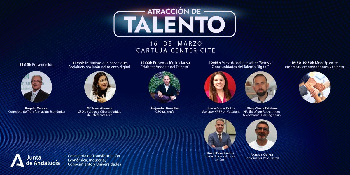 👉 No te pierdas el evento "Retos para la Atracción de #TalentoDigital a #Andalucía" y "MeetUp Empresas-Talento"
📍<a href="/CartujaCenter/">Cartuja Center CITE</a>
🗓️16 de marzo

✍️Inscríbete como particular
encuestas.juntadeandalucia.es/index.php/2134…
✍️Inscríbete como empresa
encuestas.juntadeandalucia.es/index.php/7844…
➕ Info
juntadeandalucia.es/organismos/tra…