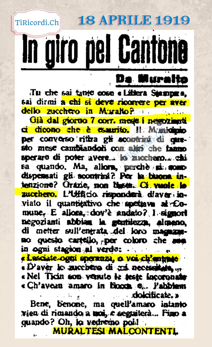 RicordiTi's tweet photo. 18 Aprile 1919: "Amari" problemi per i muraltesi #zucchero #100anni

#storia #ticino #cultura #retro #svizzera #vintagestyle #swiss #lugano #locarno #classic #antique #tiricordi #art #photooftheday #history https://t.co/z6rE63dXOs