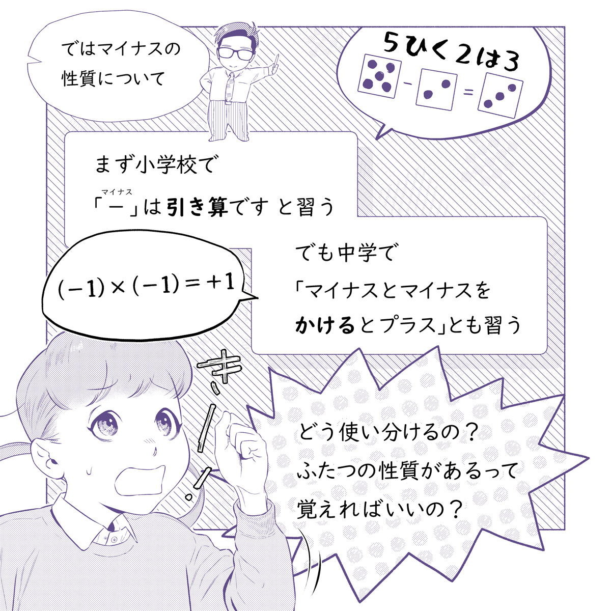 春、心機一転新学年。
数学のこんがらかりポイントも片付けたい。

「マイナスは引き算と掛け算のときで意味が違うの?」という疑問にお答えするお話の単話売りです。

https://t.co/cCtCjn36b5 