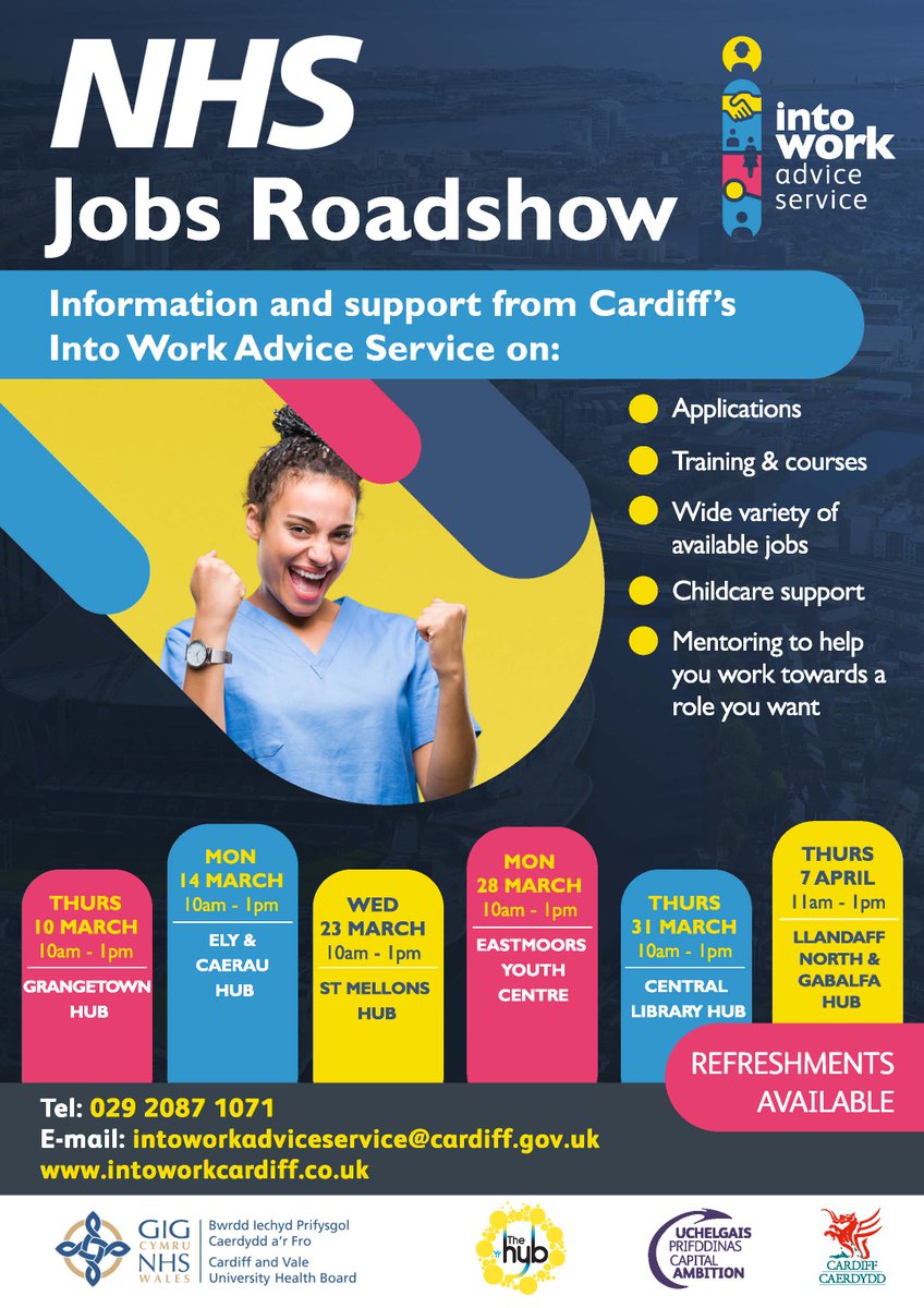 IntoWorkCardiff's tweet photo. We are holding a series of NHS Jobs Roadshows providing information & advice on applications, training, vacancies, childcare support & mentoring to help you.
Pop along to Grangetown Hub this Thursday at 10am!
@CV_UHB
#NHSRoadShow #NHSjobs #TeamCAV #intoworkcardiff https://t.co/e36bsWQDkx